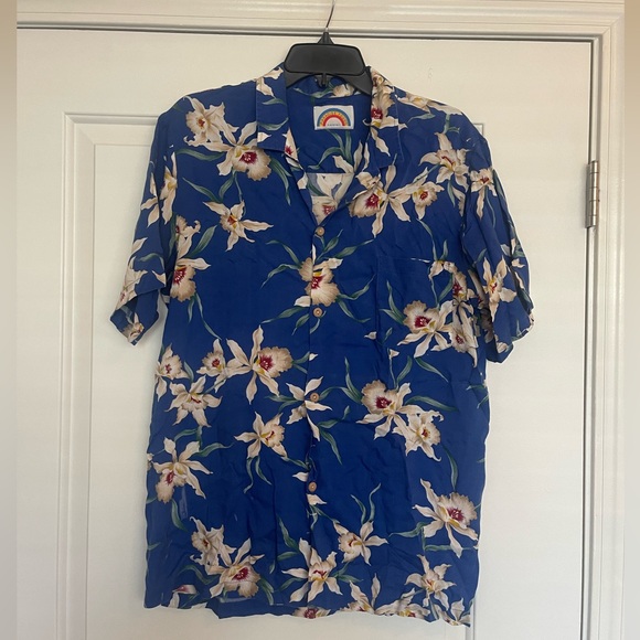 Vintage Paradise Found Hawaiian Shirt Mens Medium Blue Rayon Camp Made Hawaii - Picture 1 of 6